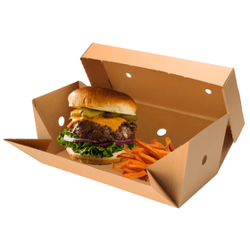 Premium fold out burger meal box, eco-friendly and compostable for sustainable takeaway packaging.